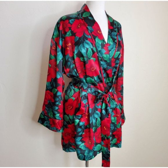 Victoria's Secret VINTAGE Robe OS red black green floral Gold label - Picture 1 of 5